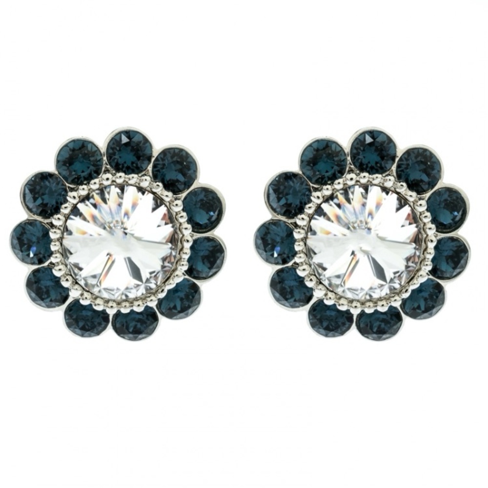 Miu Miu Blue Crystal Flower Silver Tone Clip-on Stud Earrings